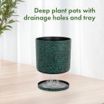 Meowell 8/7/6 inch Plant Pots, 3 Pack Cylindrical Flower Pots for Outdoor Indoor Plants, Decorative Plastic Planters with Drainage Holes and Saucers for Garden House Plants, Black with Green Speckles