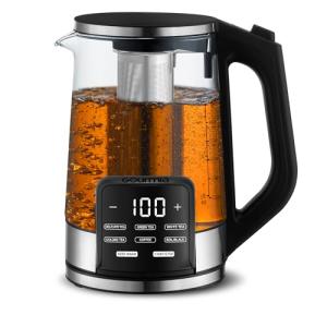 Gourmia GDK2365 Electric Programmable Kettle – 1.7L Glass Cordless Tea & Coffee Kettle with Touch Display, 6 Temperature Presets, Keep Warm Function, Removable Infuser – Stainless Steel/Glass