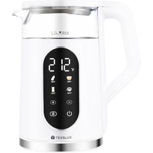 Tesslux Electric Kettle, 1500W Fast Boiling Glass Water Kettle with Temperature Control, 1.7L Cordless Stainless Steel Base, Keep Warm & Auto Shut-Off, BPA-Free, White