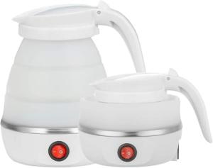 Foldable Electric Travel Kettle - Portable and Convenient Silicone Collapsible Water Boiler and Tea Pot for Camping - Easy Storage with Detachable Power Cord （White）