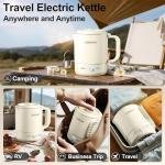 Stariver Portable Travel Kettle, 600ML Small Electric Kettle with Foldable Handle, Food Grade Stainless Steel Collapsible Water Boiler with Dual Modes, Compact for RV, Business Trip, Camping, Beige