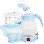 Travel Foldable Electric Kettle, Portable Kettle for Fast Water Boiling Tea Coffee, with 1 Collapsible Bowl and 2 Cups, Food Grade Silicon, 600ML 110V