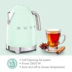 SMEG 7-Cup Variable Temperature Electric Kettle - Retro Style Aesthetic with Advanced Technology - Stainless Steel, 1400W, 120V, 360° Swivel Base, Keep Warm Function (Pastel Green)