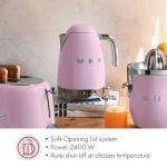 SMEG 7-Cup Variable Temperature Electric Kettle - Retro Style Aesthetic with Advanced Technology - Stainless Steel, 1400W, 120V, 360° Swivel Base, Keep Warm Function (Pink)