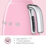 SMEG 7-Cup Variable Temperature Electric Kettle - Retro Style Aesthetic with Advanced Technology - Stainless Steel, 1400W, 120V, 360° Swivel Base, Keep Warm Function (Pink)
