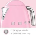 SMEG 7-Cup Variable Temperature Electric Kettle - Retro Style Aesthetic with Advanced Technology - Stainless Steel, 1400W, 120V, 360° Swivel Base, Keep Warm Function (Pink)