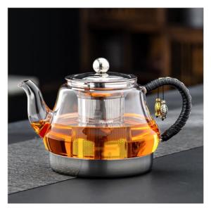 Induction Cooker Special Teapot With Cool Handle, Heat Resistant Borosilicate Glass Teapot With Stainless Steel Inner Filter, Tea Kettle Stovetop Glass Flower - 800ml