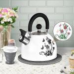 ARC Stainless Steel Whistling Tea Kettle, Magic Color Changing Design 2-Quart Stovetop Kettle Whistle White Teapot with Folding Cup & Trivet Mat