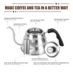 Pour Over Kettle for Manual Drip Coffee and Tea with Thermometer 28oz Gooseneck Kettle with Flow Control Stainless Steel Water Kettle for Stovetop,800ml,4 Cup,Silver,1Pack