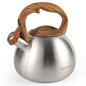BELANKO 2.7 Quart Tea Kettle for Stovetops - Food Grade Stainless Steel Teapot with Loud Whistle, Cool-Touch Wood Pattern Handle, Rust-Resistant Whistling Kettle - Classic Silver
