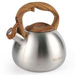 BELANKO 2.7 Quart Tea Kettle for Stovetops - Food Grade Stainless Steel Teapot with Loud Whistle, Cool-Touch Wood Pattern Handle, Rust-Resistant Whistling Kettle - Classic Silver