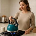 3.0 QT Stainless Steel Whistling Tea Kettle – Quick Boil Encapsulated Base, Cool-Touch Handle, Loud Whistle, Stovetop Safe – Aqua Blue