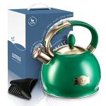 SUSTEAS Stove Top Whistling Tea Kettle - Food Grade Stainless Steel Teakettle Teapot with Cool Touch Ergonomic Handle, With 1 Silicone Pinch Mitt Included, 2.64 Quart (Green)