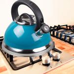 3.0 QT Stainless Steel Whistling Tea Kettle – Quick Boil Encapsulated Base, Cool-Touch Handle, Loud Whistle, Stovetop Safe – Aqua Blue