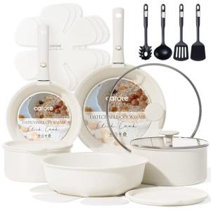 CAROTE 9pcs Pots and Pans Set Non Stick, Cookware Sets, Kitchen Set, Oven/Fridge Safe, Space Saving Pots Set, Nonstick Cooking Set with Versatile Detachable Handle, Induction RV Set, Cream White