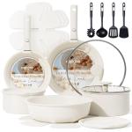 CAROTE 9pcs Pots and Pans Set Non Stick, Cookware Sets, Kitchen Set, Oven/Fridge Safe, Space Saving Pots Set, Nonstick Cooking Set with Versatile Detachable Handle, Induction RV Set, Cream White