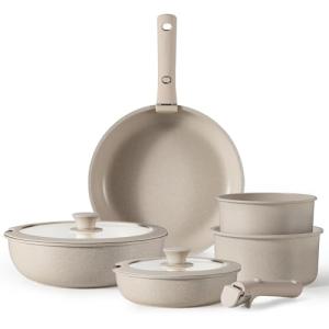 CAROTE 11pcs Pots and Pans Set, Nonstick Cookware Set Detachable Handle, Induction Kitchen Cookware Sets Non Stick with Removable Handle, RV Cookware Set, Oven Safe, Taupe