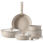 CAROTE 15pcs Pots and Pans Set, Nonstick Cookware Set Detachable Handle, Induction Kitchen Cookware Sets Non Stick with Removable Handle, RV Cookware Set, Oven Safe, Taupe