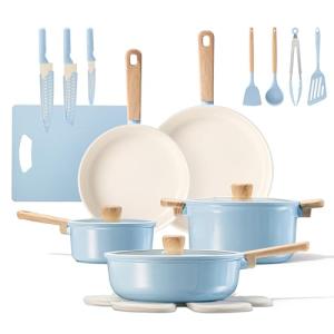 CAROTE 24pcs Ceramic Cookware Set, Pots and Pans Non Stick Kitchen Cookware Sets, Pots and Pans Set Cooking Set with Knife Set & Oven Mitts