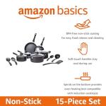 Amazon Basics Non Stick Kitchen Cookware 15-Piece Set, Non-Induction, Includes Pots, Pans, and Utensils, Black
