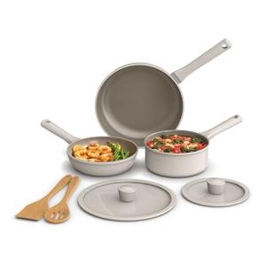 bella 7 Piece Cookware Set with EverGood™ Ceramic Nonstick Coating, Dishwasher Safe Oven Safe, All Stovetops Compatible, Glass Lids with Silicone Rims, Cool Touch Handles, Oatmilk