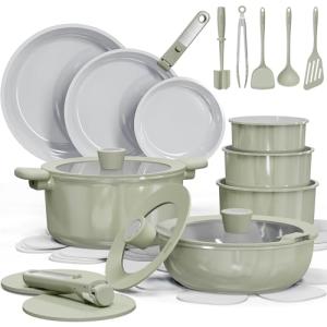 CAROTE 27pcs Ceramic Cookware Set Nonstick, Pots and Pans Set Non stick, Non Toxic Cookware, Dishwasher/Oven Safe, RV/Camping Cookware Set, Pan and Pot with Kitchen Utensils, Green