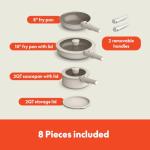 bella 8 Piece Cookware Set, Fits-anywhere™ Kitchenware w EverGood™ Ceramic Nonstick Coating​, Removable Handles, Dishwasher & Oven Safe, All Stovetops Compatible, Glass Lids w Silicone Rims, Oatmilk