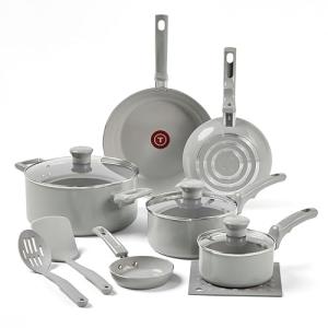 T-Fal Refresh Ceramic Nonstick Cookware Set, 12-Piece, Made without PFOA and PTFE, Oven and Broiler Safe up to 350°F, Includes Stockpot, Griddle, Frying Pans, and Utensils, Pots and Pans, Moon Grey