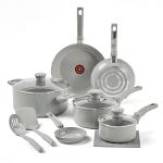 T-Fal Refresh Ceramic Nonstick Cookware Set, 12-Piece, Made without PFOA and PTFE, Oven and Broiler Safe up to 350°F, Includes Stockpot, Griddle, Frying Pans, and Utensils, Pots and Pans, Moon Grey