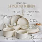GreenLife 10 Piece Nonstick Pots & Pans Set, Detachable Handle & Stackable Cookware Set, Non Toxic PFAS-Free Skillets, Induction Kitchen Pans, Space Saving, Serving Bowls, Oven Safe, Speckled Cream