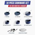 Blue Diamond 14 Piece Nonstick Cookware Set, Diamond Ceramic Pots & Pans, Dishwasher & Metal Utensil Safe, Non Toxic PFAS-Free, Kitchen Cooking Sauce & Saute Pans, Oven & Broiler to 600F, Blue
