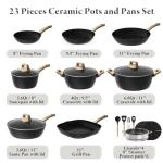 Bazova 23 Pcs Pots and Pans Set, Non Stick Ceramic Cookware Set with 3 Frying Pans, Healthy Non-Toxic, Large Capacity,Induction Compatible, PFAS/PTFE/PFOA Free, Black