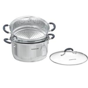 Sunhouse - 3.1 Quarts Steamer Pots With Lid 2-Tier Multipurpose Stainless Steel Steaming Pot Cookware For Vegetable, Dumpling, Sauce, Food - Triple Bottom, Measurement Line