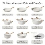 Bazova 24 Pcs Pots and Pans Set, Non Stick Ceramic Cookware Set with 3 Stockpots, Healthy Non-Toxic, Large Capacity, Induction Compatible, PFAS/PTFE/PFOA Free, Cream White