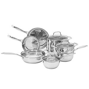 Amazon Basics Stainless Steel Cookware 11-Piece Set, Oven Safe, Pots and Pans, Induction-Ready, Even Heating, Easy to Clean, Heavy Duty, Silver