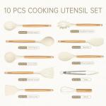 CAROTE Silicone Cooking Utensils Set, Kitchen Utensils Set 10 Pcs for cooking, BPA Free Spatula Set with Heat Resistant Wood Handles for Nonstick Cookware (Cream White)