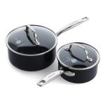 GreenPan Prime Chatham 1QT & 2QT Saucepan Pot Set with Glass Lids, Hard Anodized Diamond Infused Ceramic Nonstick, PFAS-Free, Dishwasher Safe, Oven Safe, Multipurpose Chefs Pan, Stay-Cool Handle,Black