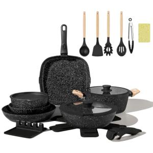 BECIGAR 23pcs Ceramic Pots and Pans Set, Nonstick Detachable Handle Cookware, Induction Kitchen Cooking Set with Removable Handle,include Frying Pans & Saucepans Oven Safe (Black)
