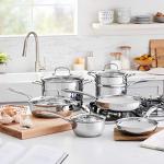 Amazon Basics Stainless Steel Cookware 11-Piece Set, Oven Safe, Pots and Pans, Induction-Ready, Even Heating, Easy to Clean, Heavy Duty, Silver