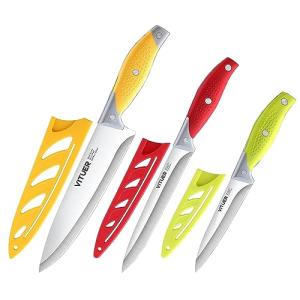 VITUER Chef Knife, 3PCS Kitchen Knife, Multicolor Stainless Steel Sharp Chef Knife Set (3Pack, Yellow, Red, Green)