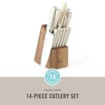 MARTHA STEWART Eastwalk 14 Piece High Carbon Stainless Steel Cutlery Kitchen Knife Block Set w/ABS Triple Riveted Forged Handle Acacia Wood Block - Linen White