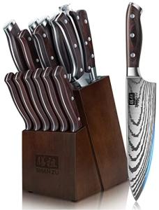 SHAN ZU Knife Set 16 pcs, Japanese Kitchen Knife with Block High Carbon Stainless Steel Ultra Sharp Knife for Kitchen, Professional Chef Knife Set with Sharpener