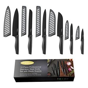 Kitchen Knife Set, KYA38 12-Piece Kitchen Knives Set with Covers, Marco Almond® 6 Knives with 6 Blade Guards, Stainless Steel Cooking Knives Set for Kitchen, Black