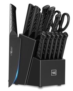 HUNTER.DUAL Knife Sets for Kitchen with Block, 15 Piece Knife Set with Built-in Sharpener, Dishwasher Safe, German Stainless Steel, Black