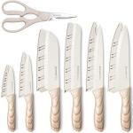 Astercook Knife Set, 13 Pieces Kitchen Knives Set with Ceramic Coating, Stainless Steel Chef Knife Sets with 6 Blade Guards, Dishwasher Safe Knife with Wooden Handle, White