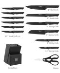 Knife Set, 15 Pcs Kitchen Knife Set with Block Self Sharpening, Dishwasher Safe, 6 Steak Knives, Anti-slip handle, Black