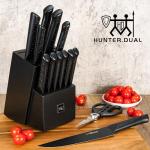 HUNTER.DUAL Knife Sets for Kitchen with Block, 15 Piece Knife Set with Built-in Sharpener, Dishwasher Safe, German Stainless Steel, Black