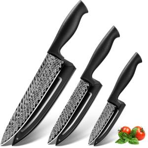 Gourmetop Kitchen Knife Set with Cover 3 Pcs, Black Chef Knife Set for Cooking, Sharp Kitchen Knives with Sheath, 8'' Chef Knife, 5'' Utility, 3.5'' Paring, Damascus Pattern Kitchen Knife for Cutting