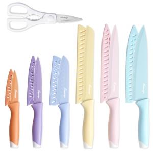 Hancorys Colorful Knife Set, 13 Pieces Kitchen Knives Set with Nonstick Ceramic Anti-Rust Coating, Chef Knife Sets with 6 Blade Guards, Dishwasher Safe, Gifts Knife Set for Women