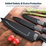 Gourmetop Kitchen Knife Set with Cover 3 Pcs, Black Chef Knife Set for Cooking, Sharp Kitchen Knives with Sheath, 8'' Chef Knife, 5'' Utility, 3.5'' Paring, Damascus Pattern Kitchen Knife for Cutting